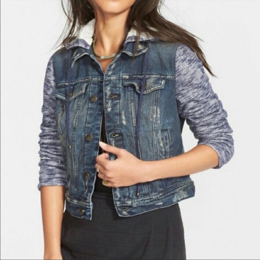 Free People Blue Denim Jacket with Heathered Gray Sleeves